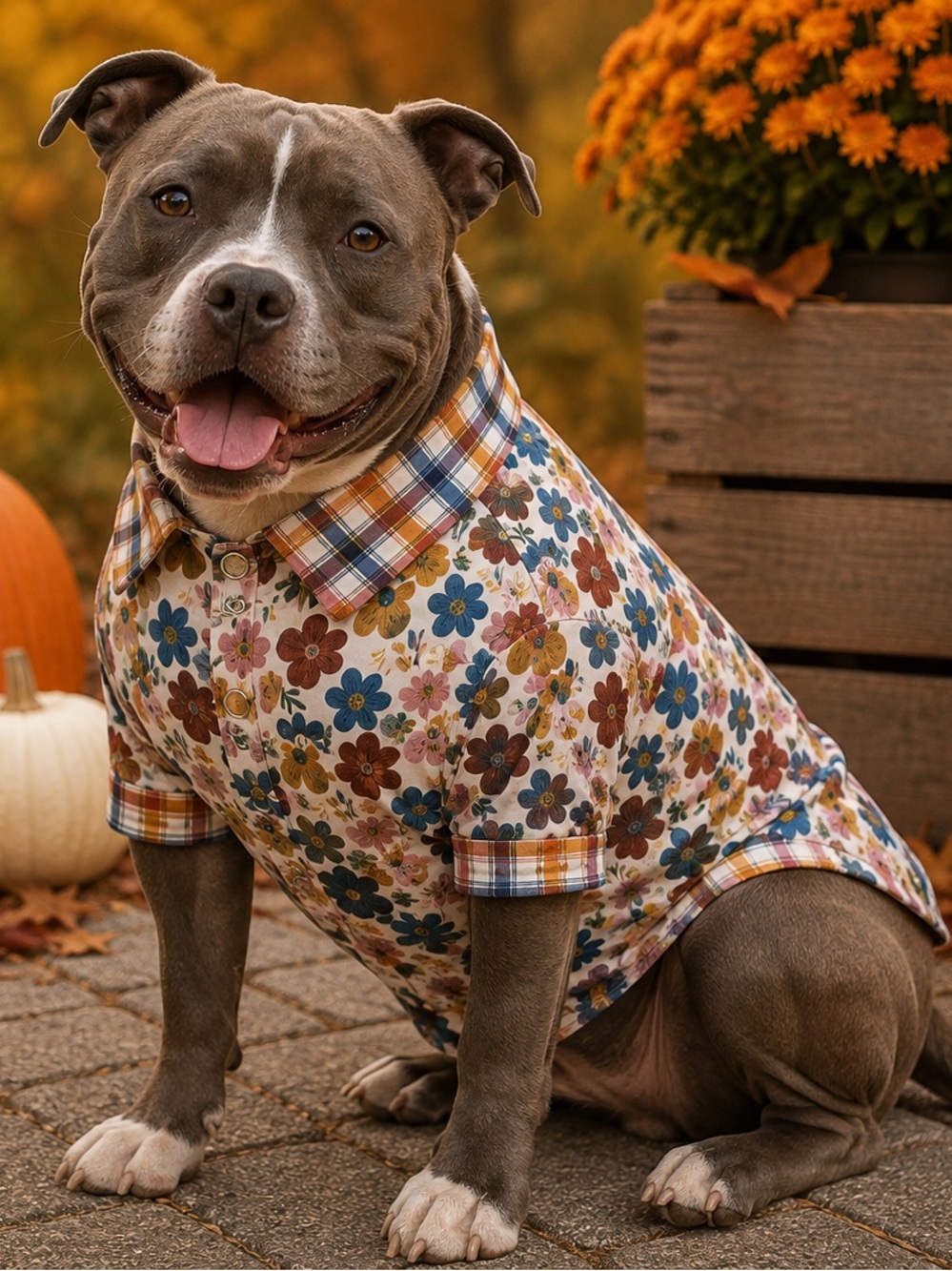 Plaid-Collar Floral Dog Shirt - Cream, Brown & Blue Griffy & Drake Large 20-29lb